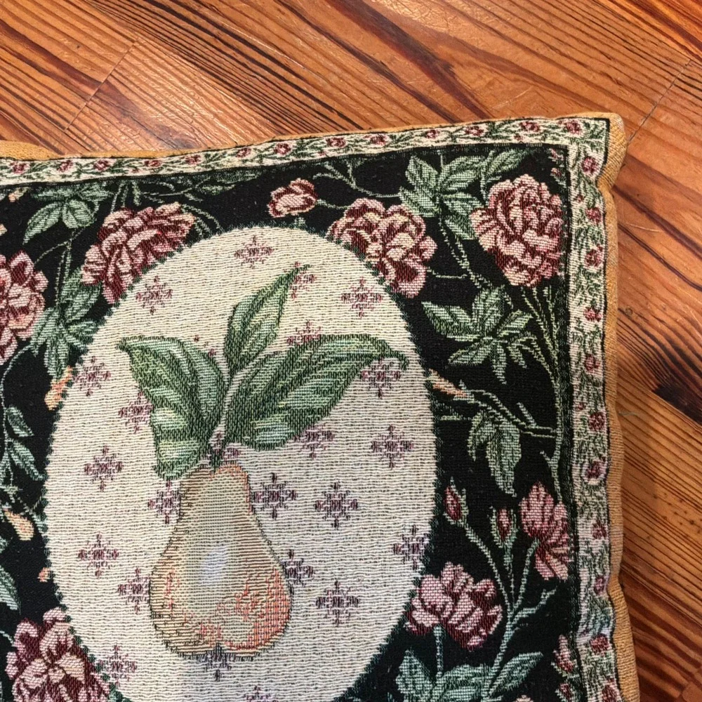 VTG Woven Tapestry Fruit Pear Rose Floral Decorative Pillow 14